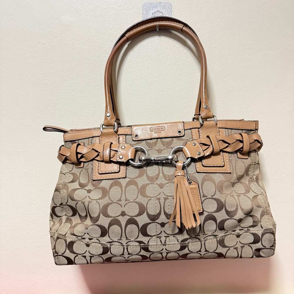Coach F13068 Women Tan Hampton Signature Carryall Braid Accents Tote